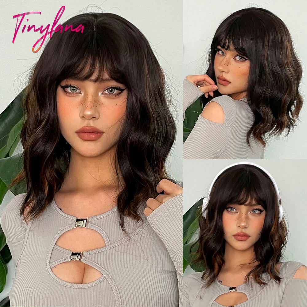 Curly Short Bob Brown Wavy Synthetic Wigs with Bangs Lolita Cosplay Brown Wig for Women Natural Daily Party Hair Heat Resistant