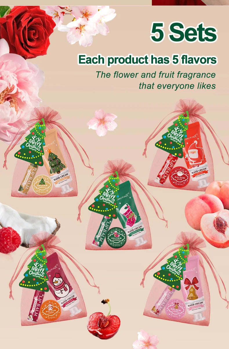 Christmas assembly gift set -5 sets, including balm, hand cream, lipstick, red gauze bag, Christmas tree thank you card