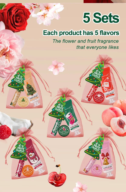 Christmas assembly gift set -5 sets, including balm, hand cream, lipstick, red gauze bag, Christmas tree thank you card
