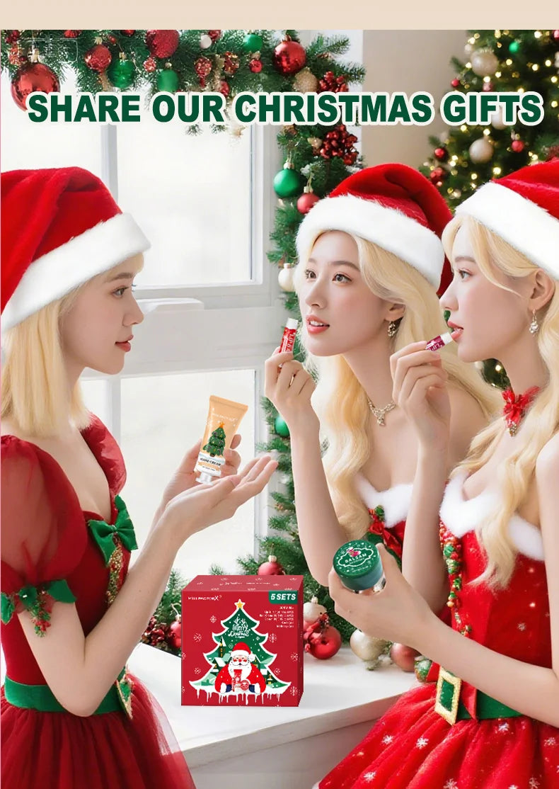 Christmas assembly gift set -5 sets, including balm, hand cream, lipstick, red gauze bag, Christmas tree thank you card
