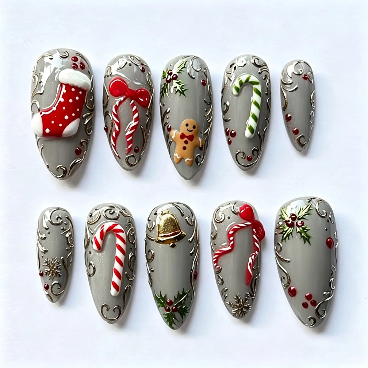 24Pcs Christmas Pink Flower Press on Nails Snowman Christmas Tree Detachable Full Cover Nail Gilded Bow Elk Gift Stick on Nails