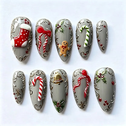 24Pcs Christmas Pink Flower Press on Nails Snowman Christmas Tree Detachable Full Cover Nail Gilded Bow Elk Gift Stick on Nails