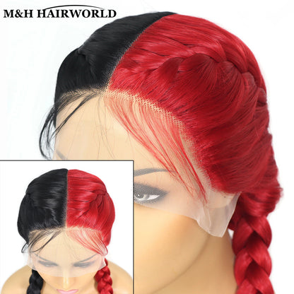 Half Red Half Black Colored Lace Front Braided Wigs For Women 26 Inch Long Synthetic Double Dutch Box Braids Wig With Baby Hair