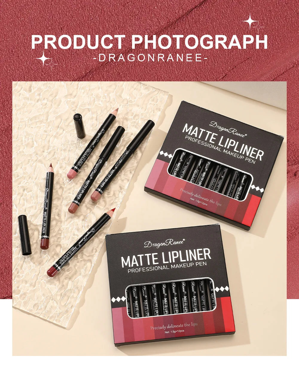 Long Lasting Matte Lip Liner 12 Colors Set Waterproof High Pigment Nude Wooden Pencil Lip Makeup Kit for Daily Use