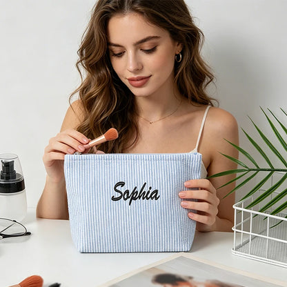 Customised Embroidery/Standard Style 2 Options, Bubble Gauze Striped Makeup Bag, Storage Pouch, Back-to-School Season
