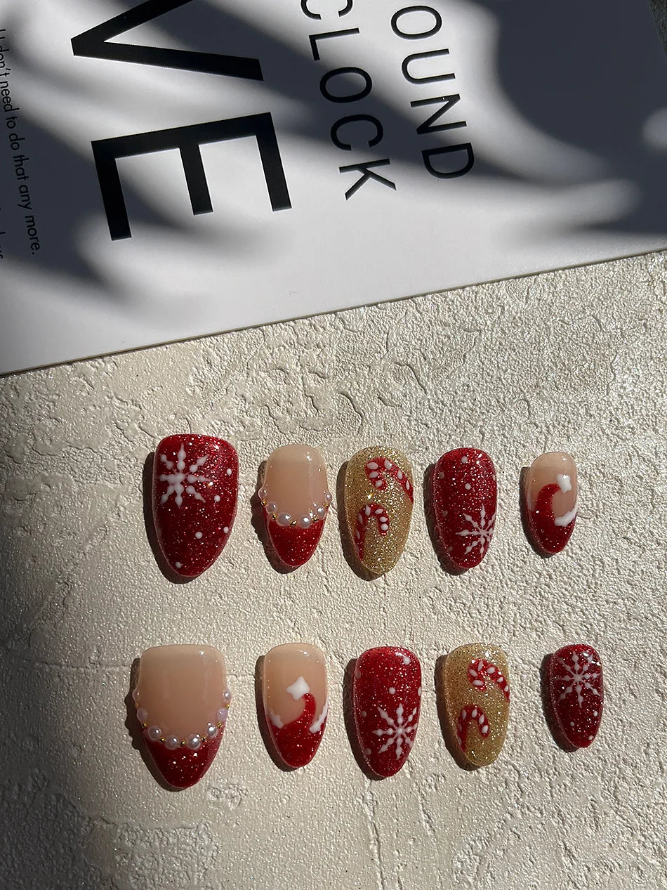 Hand Painted Christmas Fake Nails Short Almond Red Glitter Snowflake Candy Cane Pearl French Press On Nails Reusable  10 Pieces