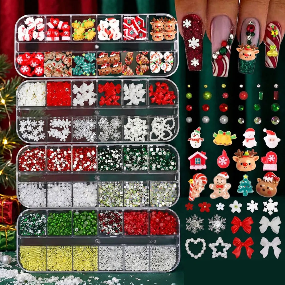 4Box Christmas Nail Charms 3D Snowman Santa Claus Elk, White Snowflakes Red Bow Red & Green Rhinestones Metal Caviar Beads Nails