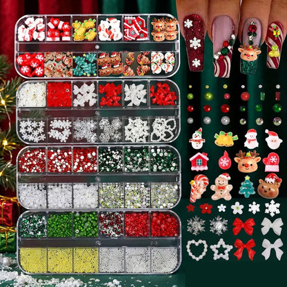 4Box Christmas Nail Charms 3D Snowman Santa Claus Elk, White Snowflakes Red Bow Red & Green Rhinestones Metal Caviar Beads Nails