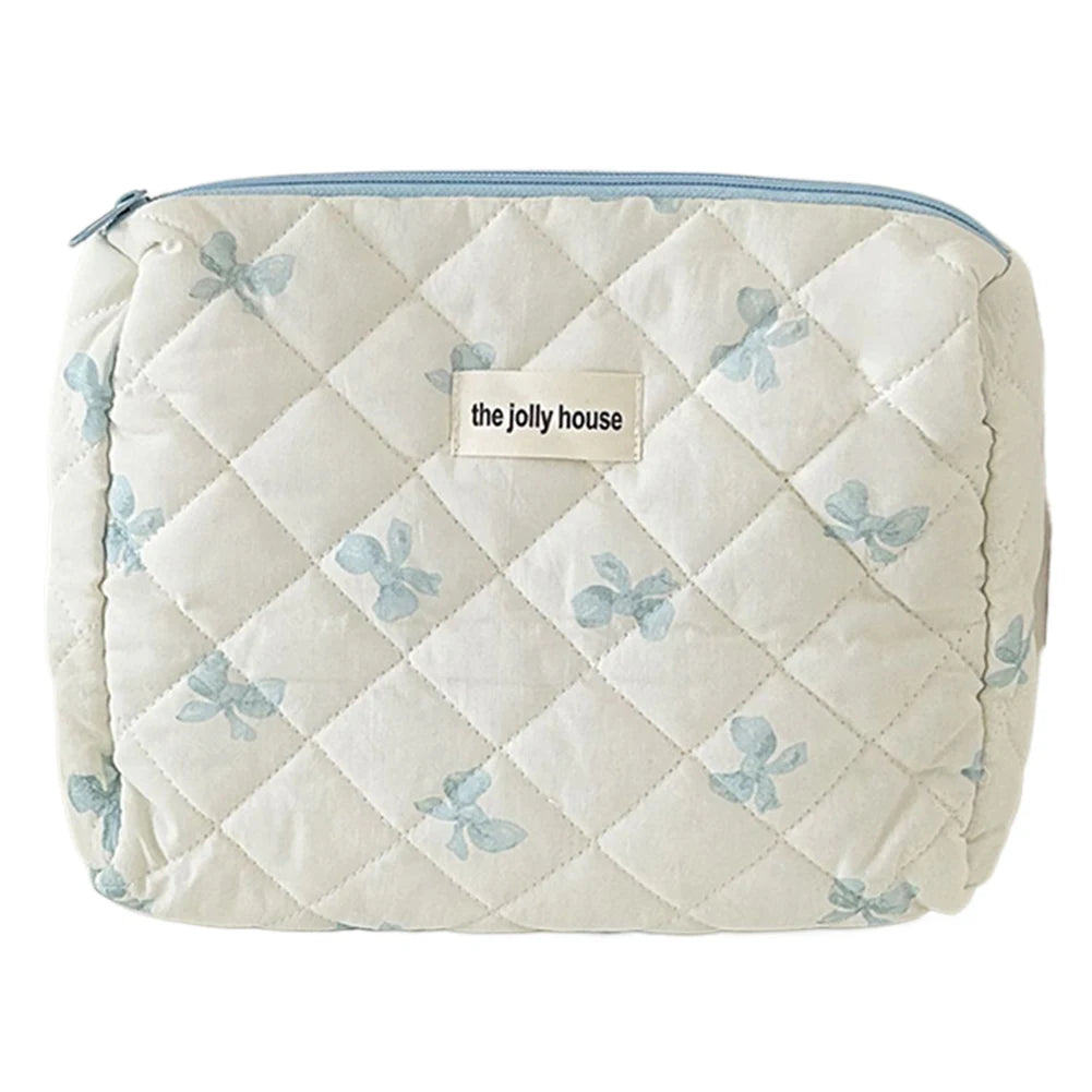 Cute Bow Flower Quilting Cotton Makeup Bag Women Zipper Cosmetic Organizer Female Cloth Handbag Portable Toiletry Case for Girls