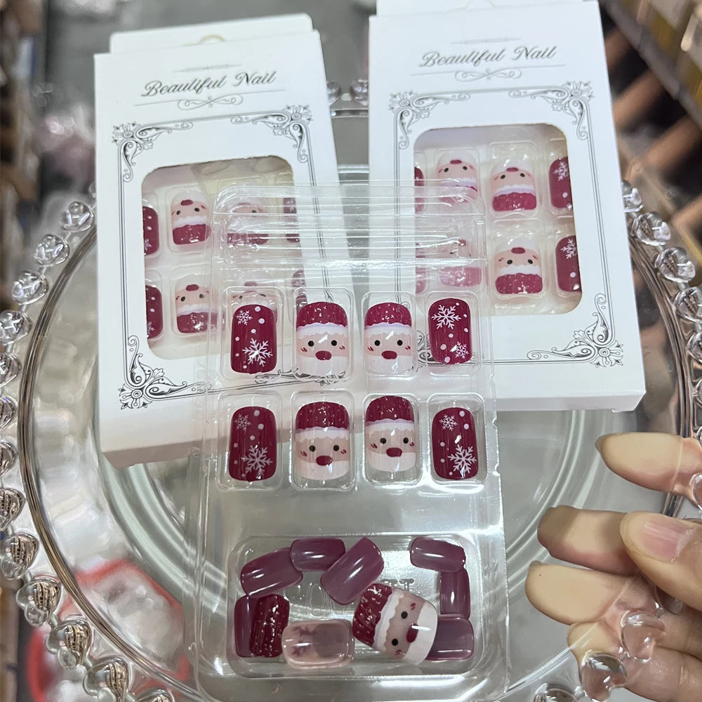 24Pcs Red Christmas Fake Nails Cute Santa Claus Reindeer & Snowflake Designs Artificial Nails Glossy Short Oval Press On Nails