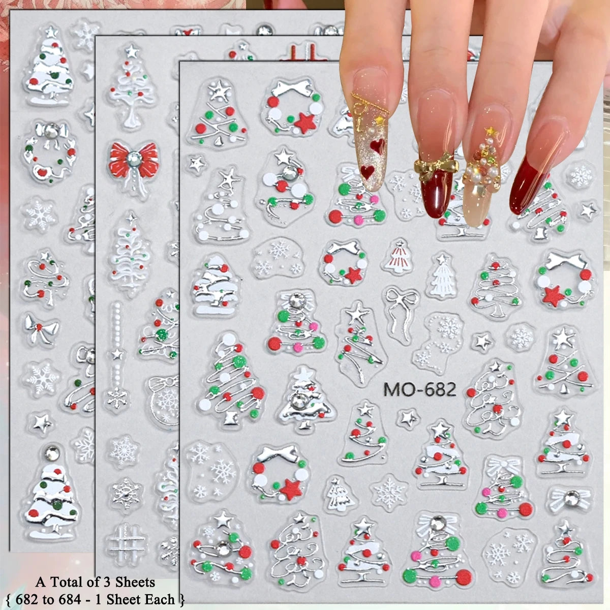 2 to 12 Sheets 5D Gold Silver Christmas Nail Decals Crystal Rhinestone Snowflake Xmas Tree Self Adhesive Nail Art Stickers