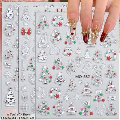 2 to 12 Sheets 5D Gold Silver Christmas Nail Decals Crystal Rhinestone Snowflake Xmas Tree Self Adhesive Nail Art Stickers
