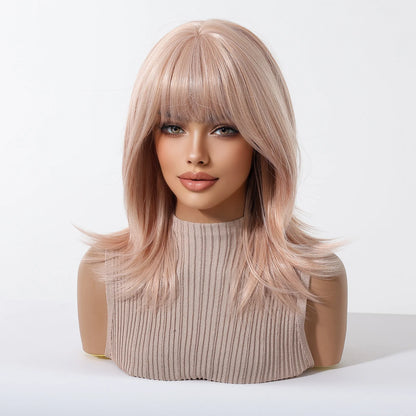 Short Light Pink Wave Synthetic Wigs with Bangs Rose Gold Lolita Natural Hair Wigs for Women Cosplay Daily Party Heat Resistant