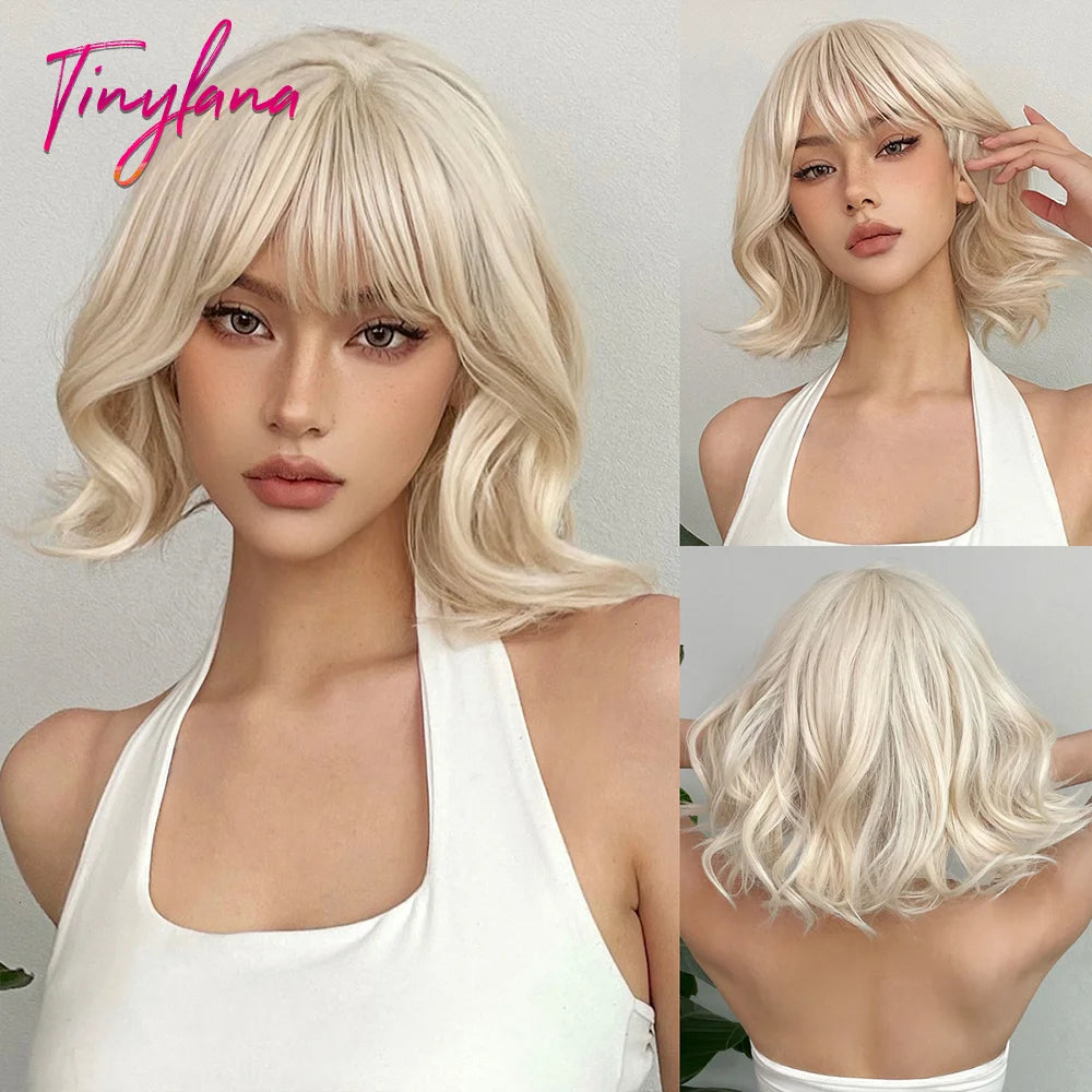 Curly Short Bob Brown Wavy Synthetic Wigs with Bangs Lolita Cosplay Brown Wig for Women Natural Daily Party Hair Heat Resistant
