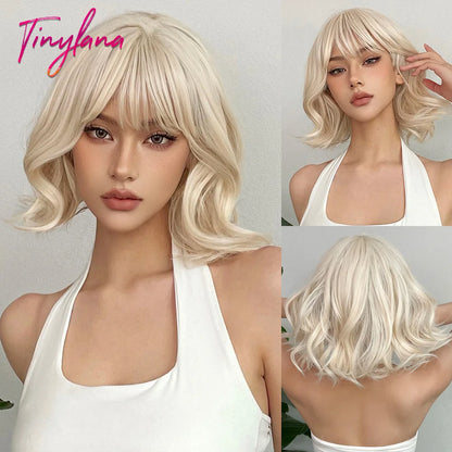 Curly Short Bob Brown Wavy Synthetic Wigs with Bangs Lolita Cosplay Brown Wig for Women Natural Daily Party Hair Heat Resistant