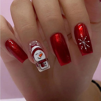 24Pcs/set Christmas Press on Nails Mid-length Square False Nails Snowman Pattern Wearable Fake Nail Art Uñas Накладные Ногти 네일팁