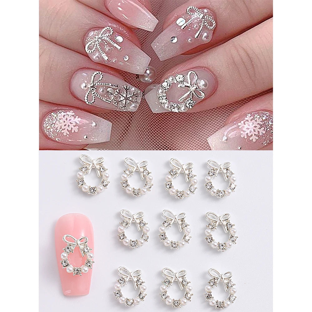 3D Christmas Nail Art Charms; Gold & Silver Bows and Wreaths; Cute Winter Designs for DIY Manicures and Salon Accessories