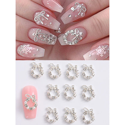 3D Christmas Nail Art Charms; Gold & Silver Bows and Wreaths; Cute Winter Designs for DIY Manicures and Salon Accessories