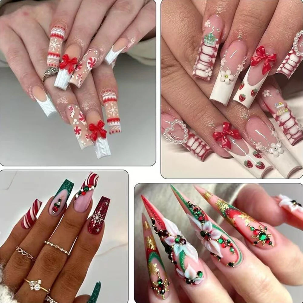 4Box Christmas Nail Charms 3D Snowman Santa Claus Elk, White Snowflakes Red Bow Red & Green Rhinestones Metal Caviar Beads Nails