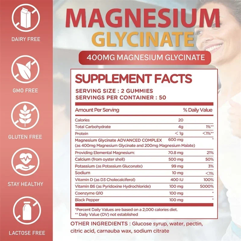 Magnesium Glycinate Gummies - Brain Health, Strengthen Muscles and Bones, Improve Sleep, Relax Nerves