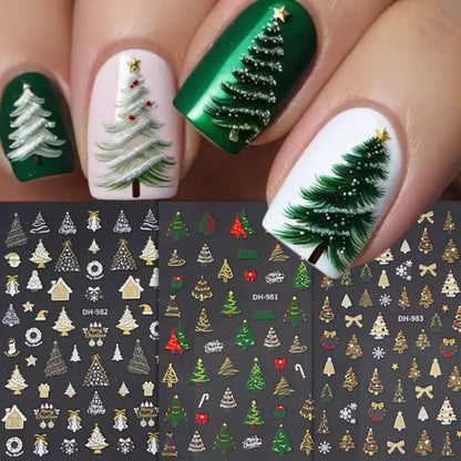 3pcs Christmas nail stickers - featuring green trees, red bows, and gold decorations - self-adhesive tree snowflake stickers