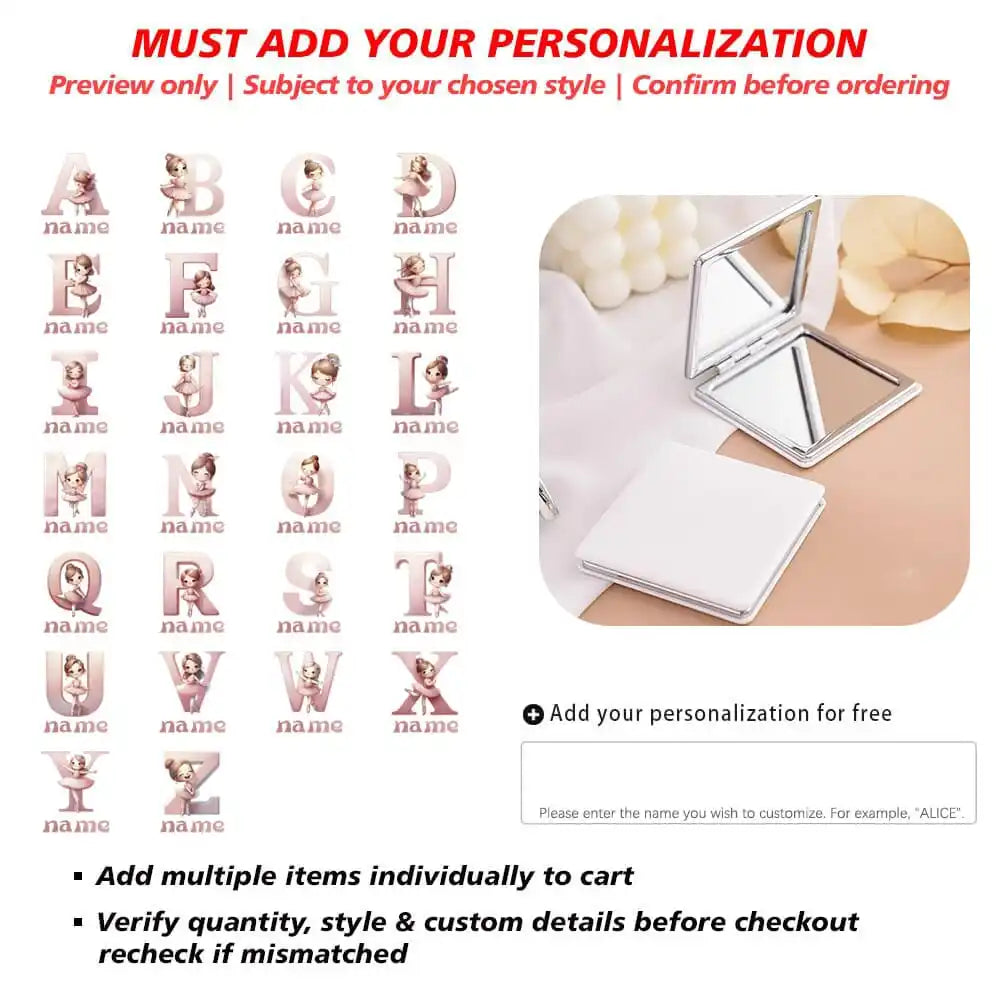 Customized Name PU Handheld Makeup Mirror Cover Dressing Double-Sided Portable Foldable Pocket Cosmetic Mirror
