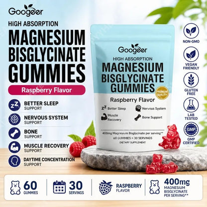 Googeer Magnesium Bisglycinate Gummies for Better Sleep Daytime Concentration & Nervous System Support Raspberry 60 Gummies