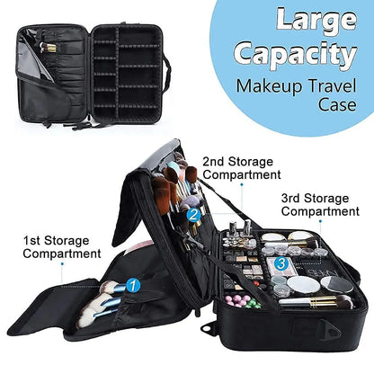 Large capacity travel makeup case, portable artist organizer with adjustable dividers and shoulder strap for toiletries jewelry