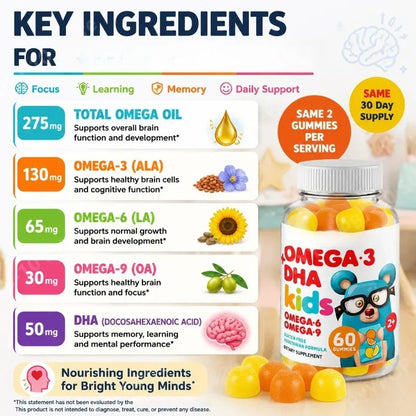 Omega 3 DHA Kids Gummies Brain & Cognitive Eye & Immune Health with Omega 6, 9 & Vitamin C Ages 2+ Non-GMO Gluten Free | 60ct