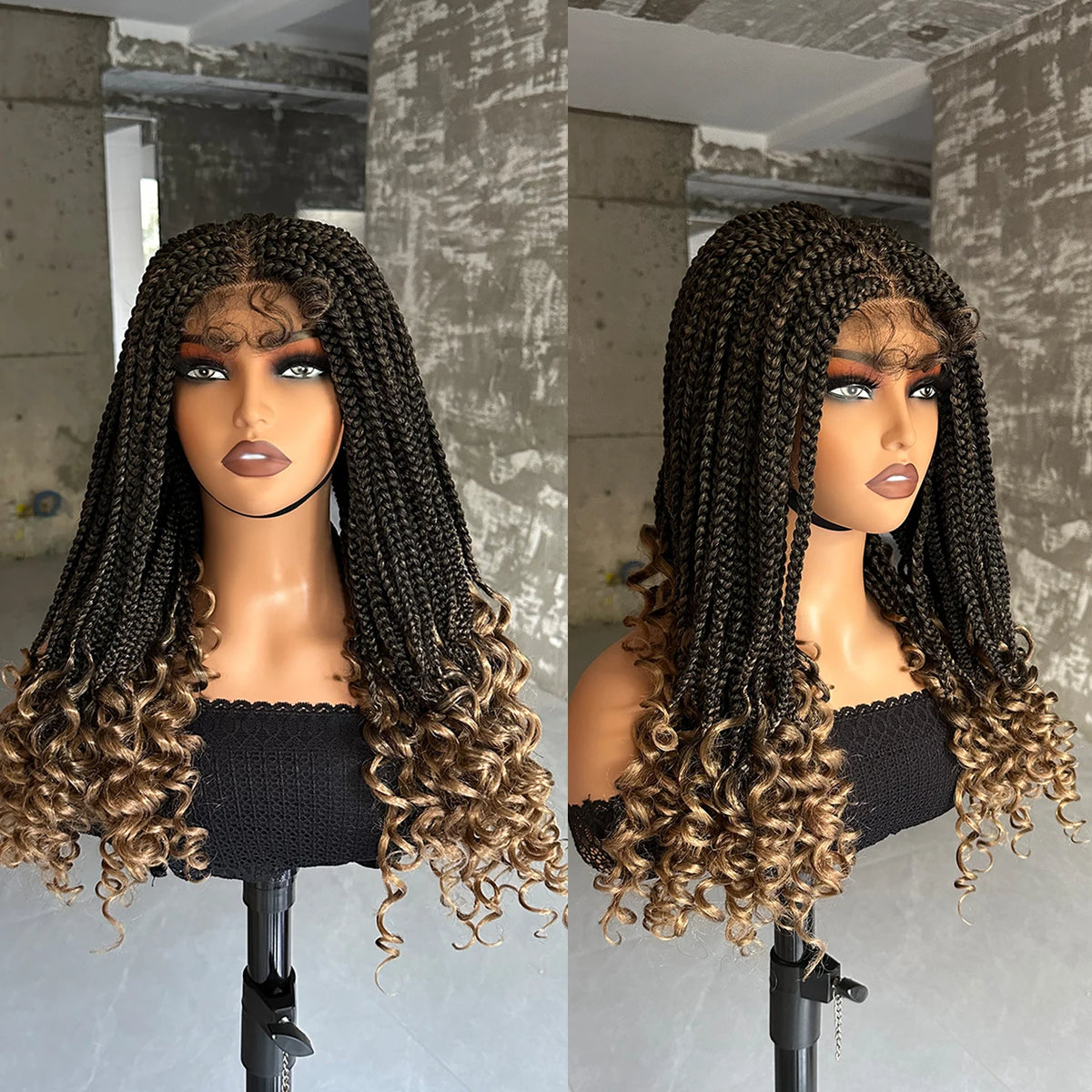 Synthetic Braided Wigs Lace Closure Wigs Curly Ends Box Braided 4x4 Lace Wig with Baby Hair for Black Women Afro Braiding Wigs