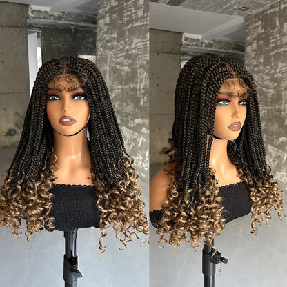 Synthetic Braided Wigs Lace Closure Wigs Curly Ends Box Braided 4x4 Lace Wig with Baby Hair for Black Women Afro Braiding Wigs