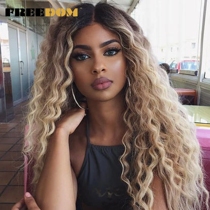 FREEDOM Synthetic Lace Front Wigs For Women Easy Wear Long Curly Wavy Ombre Blonde Ginger Lace Wigs Heat Resistant Cosplay Wigs
