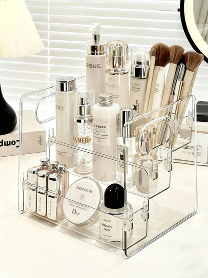 1pc Transparent Portable Three Compartment Cosmetic Storage Box desktop Dresser Large Capacity Skin Care Perfume Display Rack