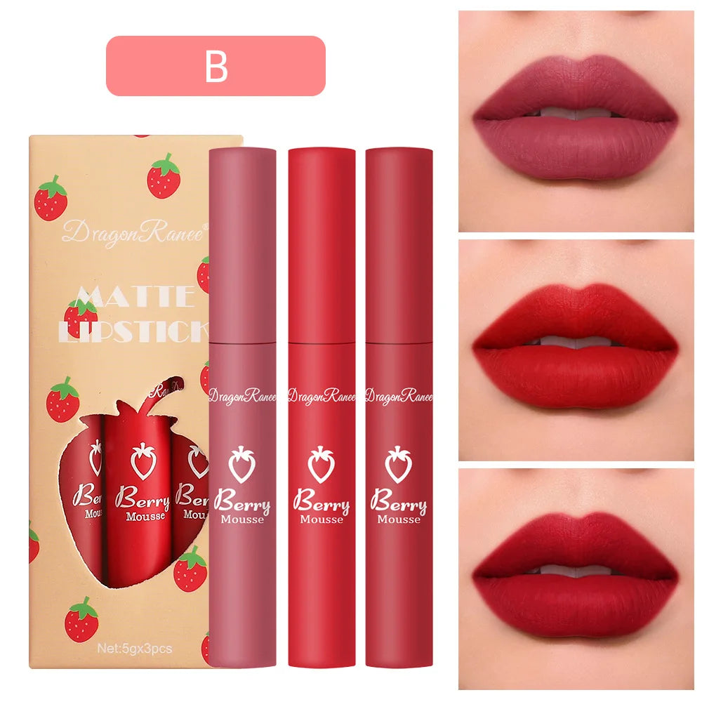 3 PCS Strawberry Velvet Matte Lip Gloss Set Non Stick Lipstick Cute Lip Makeup For Women Long Lasting Hydrating
