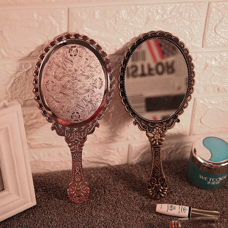 Creative Retro Makeup HD Mirror With Handle Women Bathroom Plastic Patterned Make Up Mirror Portable Handheld Antique Vanity