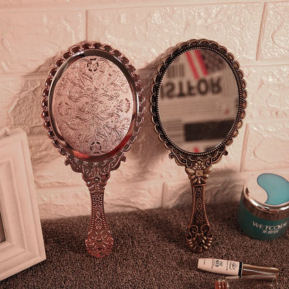 Creative Retro Makeup HD Mirror With Handle Women Bathroom Plastic Patterned Make Up Mirror Portable Handheld Antique Vanity