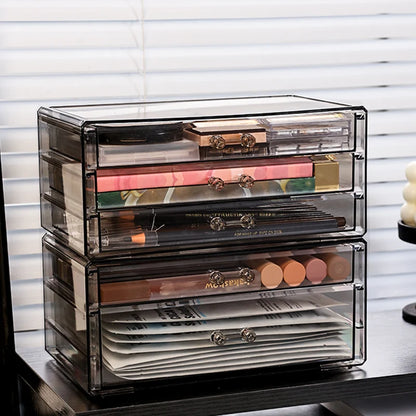 1pc Desktop Drawer Style Acrylic Transparent Black Cosmetics Storage Box Desktop Stackable Office Supplies Skincare Organizer
