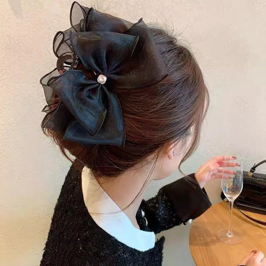 Elegant Black Bowknot Hair Claw for Women Bow Hair Claw Super Fairy Rhinestone Ponytail Braid Hair Claw Clip for Girlfriend