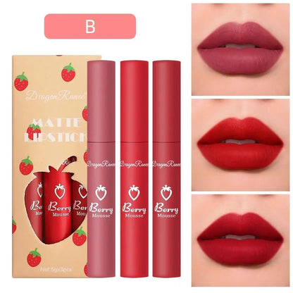 3 PCS Strawberry Velvet Matte Lip Gloss Set Non Stick Lipstick Cute Lip Makeup For Women Long Lasting Hydrating
