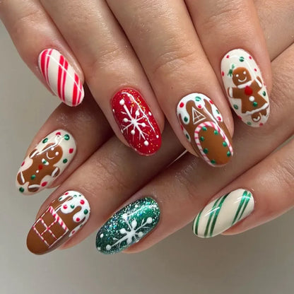 24Pcs Short Oval Press-On Nails - Cute Gingerbread & Candy Cane Christmas Designs, Perfect for Holiday Parties for Women&Girls