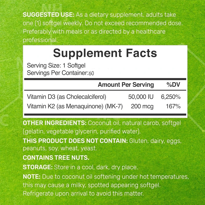 Vitamin D3 50000 IU+K2 MK7 200mcg Soft Capsules, Supporting Bone, Tooth, and Immune Health