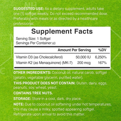 Vitamin D3 50000 IU+K2 MK7 200mcg Soft Capsules, Supporting Bone, Tooth, and Immune Health
