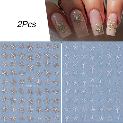 2pcs Summer Sea Star Nail Art Stickers Gold Silver Glitter Shell Starfish Nail Decals for DIY Manicure Soap Nail Decorations