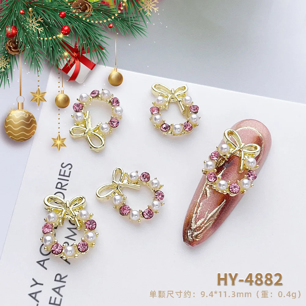Luxury Christmas Wreath Nail Art Charms Pink Bow Pearl Diamond Gold Silver Alloy Nails 3D Decoration Jewelry for Manicure Design