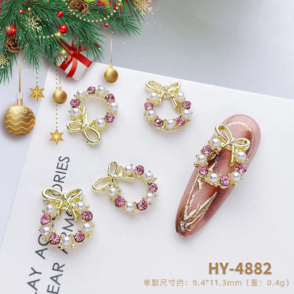 Luxury Christmas Wreath Nail Art Charms Pink Bow Pearl Diamond Gold Silver Alloy Nails 3D Decoration Jewelry for Manicure Design