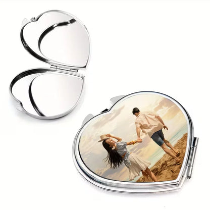 Custom Heart-Shaped Photo Makeup Mirror - Double-Sided Portable Folding Magnifier, Personalized Gift for Wife/Mom/Girlfriend