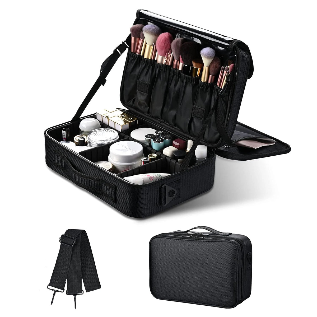 Large capacity travel makeup case, portable artist organizer with adjustable dividers and shoulder strap for toiletries jewelry