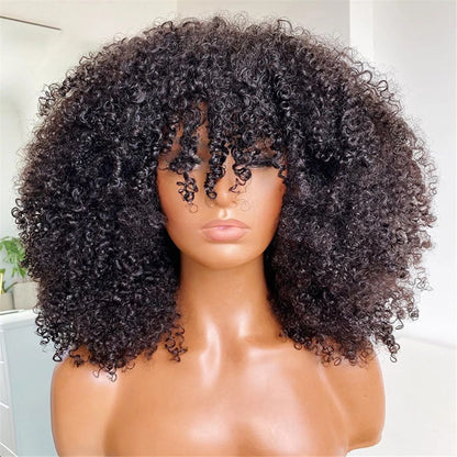 Mongolian Afro Kinky Curly Hunan Hair Wigs With Bangs Full Machine Made Wig 250 Density Remy Brazilian Short Curly Bangs Wig