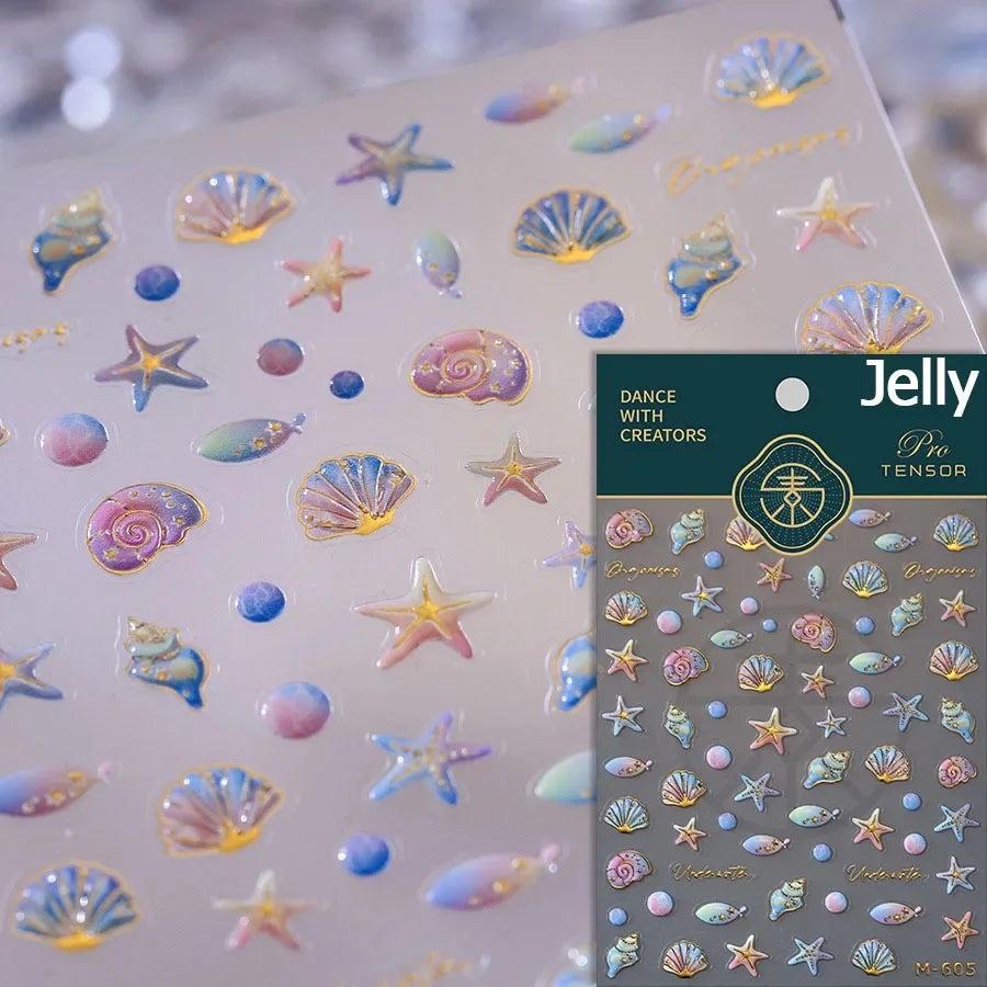 5D Summer Sea Shell Nail Sticker Shiny Embossed Starfish Nails Stickers Summer Beach Wine glass Jellyfish Nail Decals Decoration