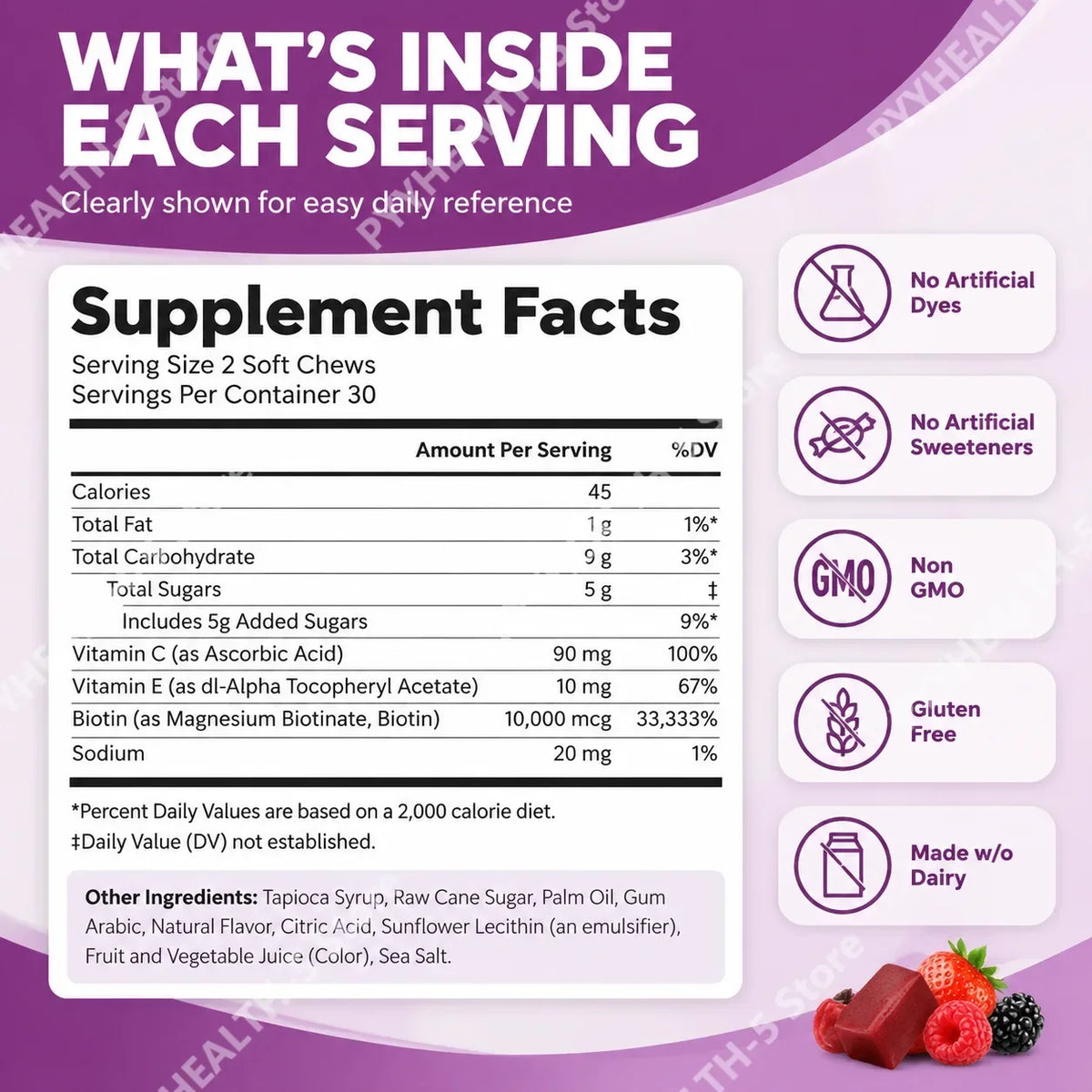 Biotin Hair Growth Soft Chews Supplement, Support Fuller Thicker Hair, Vitamin C & E for Healthy Hair Nourishment, 60 Gummy